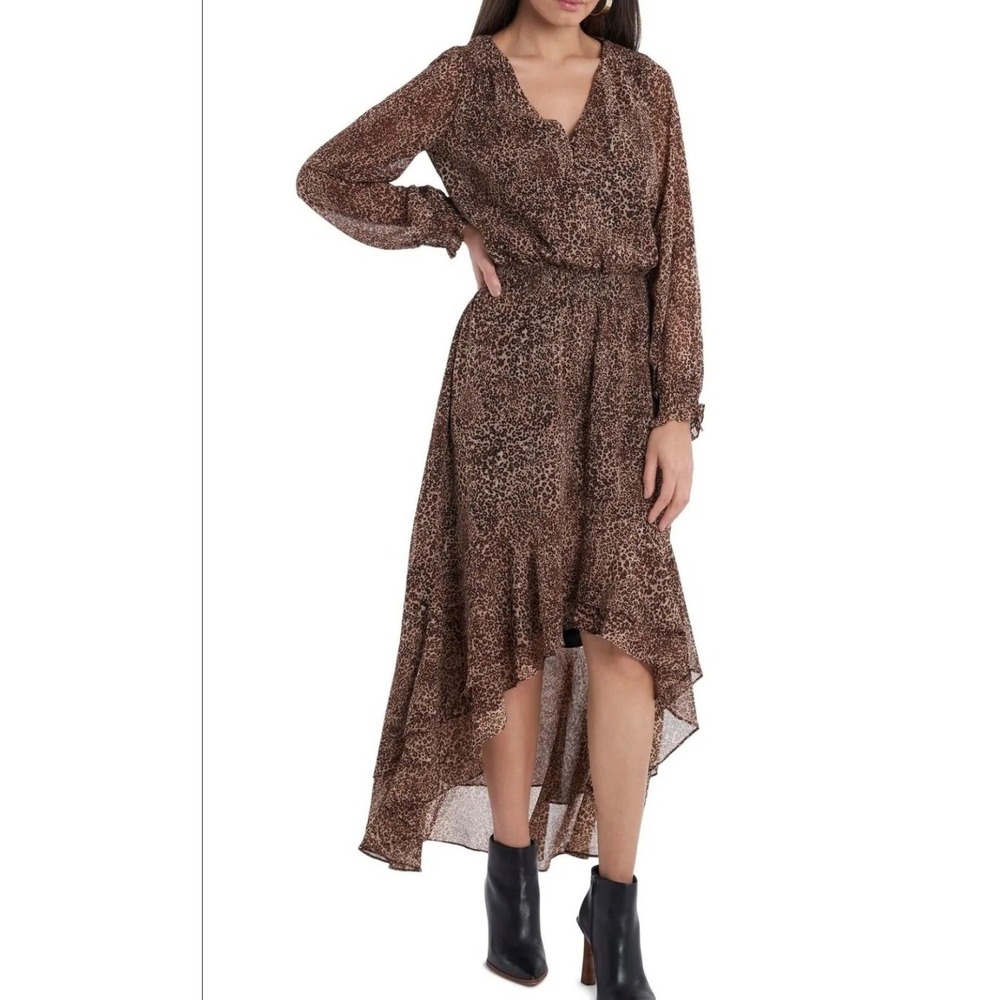 1.STATE High-Low Maxi Dress Womens XL Brown Leopard Print Waist Long Sleeve